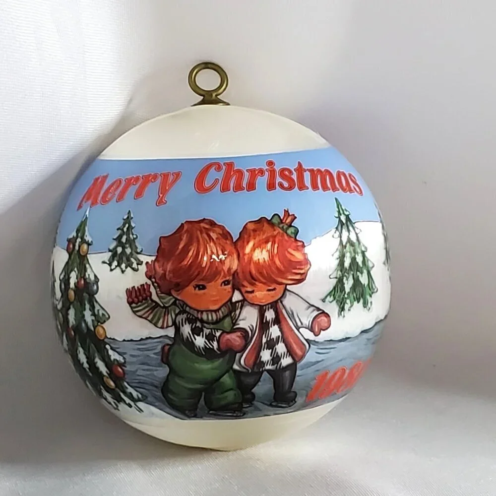 VTG Hummelwerk 1980 Redhead Skaters Satin Christmas Ornament